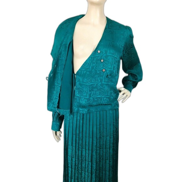 Vintage 80s Sakowitz 100% Silk Paisley Brocade Pleated Skirt & Blouse Dress Set - Picture 4 of 6